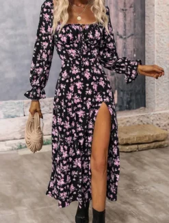 Outlet Women's Maxi Dress Casual Dress Swing Dress A Line Dress Summer Dress Streetwear A Line Vacation Street Holiday Regular Fit Floral Long Sleeve Square Neck White Blue Purple Gold Summer Women Spring Dresses