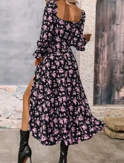 Outlet Women's Maxi Dress Casual Dress Swing Dress A Line Dress Summer Dress Streetwear A Line Vacation Street Holiday Regular Fit Floral Long Sleeve Square Neck White Blue Purple Gold Summer Women Spring Dresses