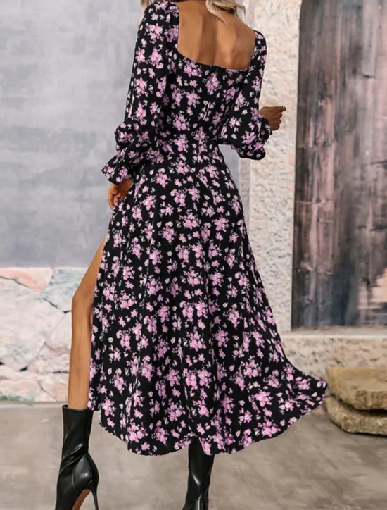 Outlet Women's Maxi Dress Casual Dress Swing Dress A Line Dress Summer Dress Streetwear A Line Vacation Street Holiday Regular Fit Floral Long Sleeve Square Neck White Blue Purple Gold Summer Women Spring Dresses