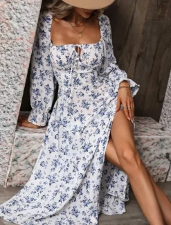 Outlet Women's Maxi Dress Casual Dress Swing Dress A Line Dress Summer Dress Streetwear A Line Vacation Street Holiday Regular Fit Floral Long Sleeve Square Neck White Blue Purple Gold Summer Women Spring Dresses