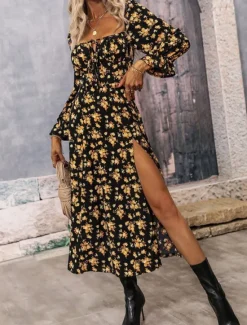 Outlet Women's Maxi Dress Casual Dress Swing Dress A Line Dress Summer Dress Streetwear A Line Vacation Street Holiday Regular Fit Floral Long Sleeve Square Neck White Blue Purple Gold Summer Women Spring Dresses