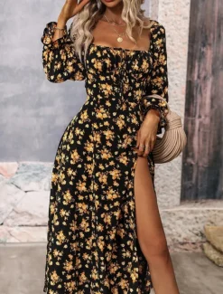 Outlet Women's Maxi Dress Casual Dress Swing Dress A Line Dress Summer Dress Streetwear A Line Vacation Street Holiday Regular Fit Floral Long Sleeve Square Neck White Blue Purple Gold Summer Women Spring Dresses