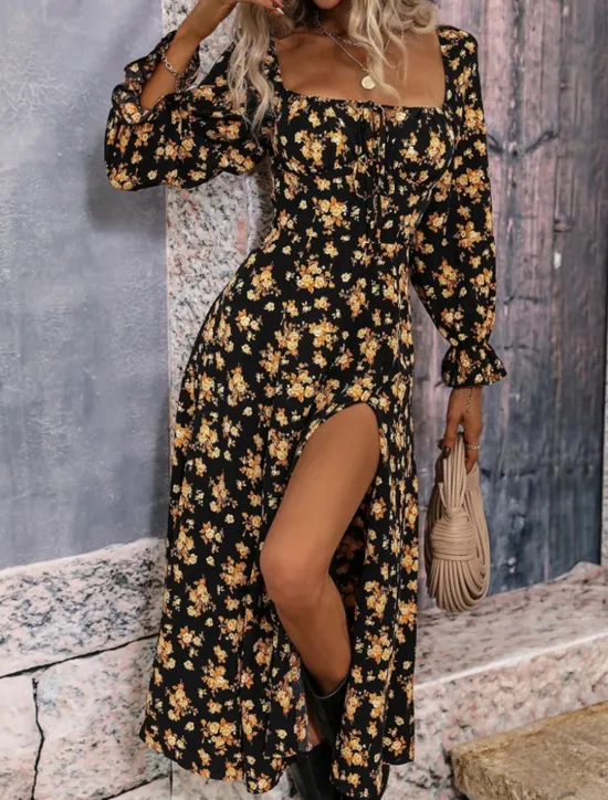 Outlet Women's Maxi Dress Casual Dress Swing Dress A Line Dress Summer Dress Streetwear A Line Vacation Street Holiday Regular Fit Floral Long Sleeve Square Neck White Blue Purple Gold Summer Women Spring Dresses