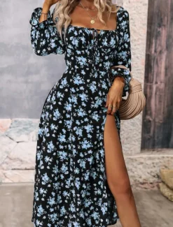 Outlet Women's Maxi Dress Casual Dress Swing Dress A Line Dress Summer Dress Streetwear A Line Vacation Street Holiday Regular Fit Floral Long Sleeve Square Neck White Blue Purple Gold Summer Women Spring Dresses