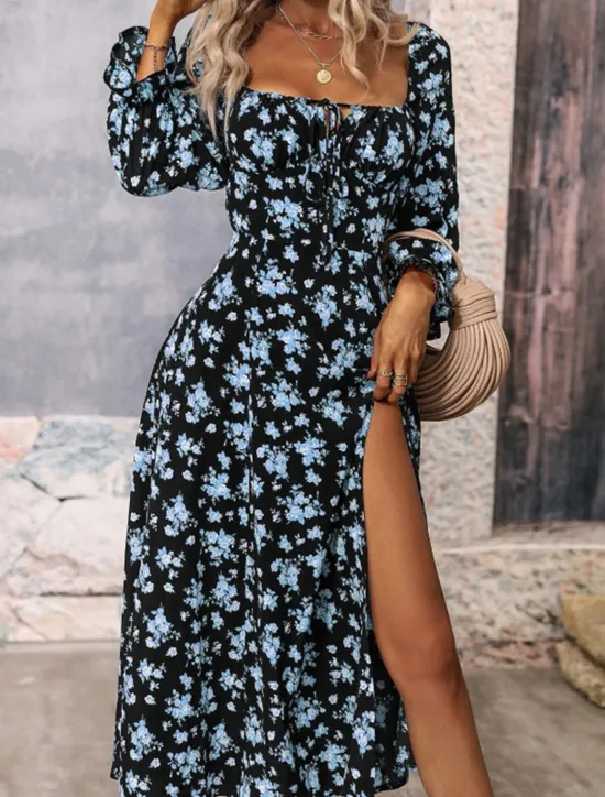Outlet Women's Maxi Dress Casual Dress Swing Dress A Line Dress Summer Dress Streetwear A Line Vacation Street Holiday Regular Fit Floral Long Sleeve Square Neck White Blue Purple Gold Summer Women Spring Dresses