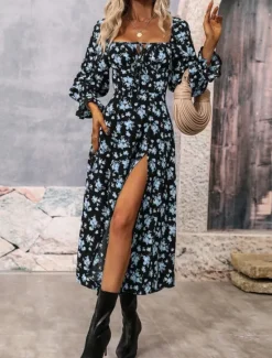 Outlet Women's Maxi Dress Casual Dress Swing Dress A Line Dress Summer Dress Streetwear A Line Vacation Street Holiday Regular Fit Floral Long Sleeve Square Neck White Blue Purple Gold Summer Women Spring Dresses