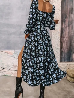 Outlet Women's Maxi Dress Casual Dress Swing Dress A Line Dress Summer Dress Streetwear A Line Vacation Street Holiday Regular Fit Floral Long Sleeve Square Neck White Blue Purple Gold Summer Women Spring Dresses