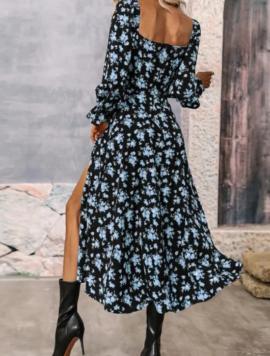 Outlet Women's Maxi Dress Casual Dress Swing Dress A Line Dress Summer Dress Streetwear A Line Vacation Street Holiday Regular Fit Floral Long Sleeve Square Neck White Blue Purple Gold Summer Women Spring Dresses