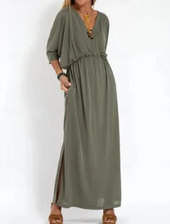 Outlet Women's Maxi Dress Casual Dress A Line Dress Stylish Basic Casual Vacation Daily Regular Fit Plain Half Sleeve V Neck Black Army Green Summer Spring Women T Shirt Dresses