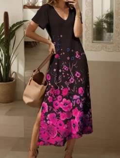 Clearance Women's Maxi Dress Casual Dress Sundress A Line Dress Elegant Vacation Casual Beach Regular Fit Ombre Floral Graphic Short Sleeve V Neck Magenta Red Blue Purple Summer Spring Women Vacation Dresses