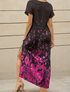 Clearance Women's Maxi Dress Casual Dress Sundress A Line Dress Elegant Vacation Casual Beach Regular Fit Ombre Floral Graphic Short Sleeve V Neck Magenta Red Blue Purple Summer Spring Women Vacation Dresses
