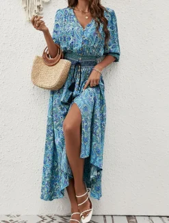 Hot Women's Maxi Dress Casual Dress Long Sleeve Boho Dress Boho Dress Bohemia Stylish Basic Vacation Casual Daily Regular Fit Graphic 3/4 Length Sleeve V Neck Maroon Blue Summer Spring Fall Women Floral Dresses