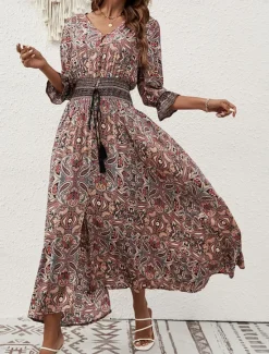 Hot Women's Maxi Dress Casual Dress Long Sleeve Boho Dress Boho Dress Bohemia Stylish Basic Vacation Casual Daily Regular Fit Graphic 3/4 Length Sleeve V Neck Maroon Blue Summer Spring Fall Women Floral Dresses