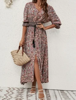 Hot Women's Maxi Dress Casual Dress Long Sleeve Boho Dress Boho Dress Bohemia Stylish Basic Vacation Casual Daily Regular Fit Graphic 3/4 Length Sleeve V Neck Maroon Blue Summer Spring Fall Women Floral Dresses