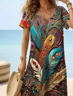 Hot Women's Maxi Dress Casual Dress Boho Chic Dresses Bohemia Cute Stylish Vacation Daily Beach Regular Fit Graphic Short Sleeve Crew Neck Summer Spring Women T Shirt Dresses