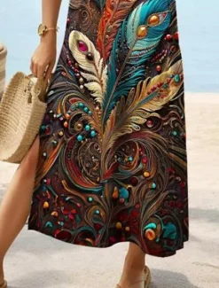 Hot Women's Maxi Dress Casual Dress Boho Chic Dresses Bohemia Cute Stylish Vacation Daily Beach Regular Fit Graphic Short Sleeve Crew Neck Summer Spring Women T Shirt Dresses
