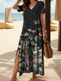 Sale Women's Maxi Dress Casual Dress Sundress A Line Dress Vacation Casual Beach Regular Fit Floral Graphic Butterfly Short Sleeve V Neck Black White Pink Summer Spring Women Vacation Dresses