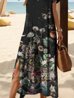 Sale Women's Maxi Dress Casual Dress Sundress A Line Dress Vacation Casual Beach Regular Fit Floral Graphic Butterfly Short Sleeve V Neck Black White Pink Summer Spring Women Vacation Dresses