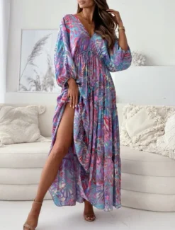 Best Women's Maxi Dress Casual Dress Swing Dress Boho Chic Dresses Bohemia Casual Boho Vacation Daily Loose Fit Floral Tie Dye 3/4 Length Sleeve V Neck Light Purple Green Summer Spring Women Floral Dresses