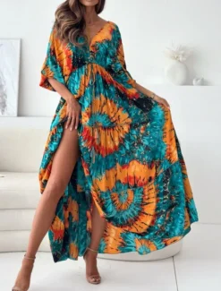Best Women's Maxi Dress Casual Dress Swing Dress Boho Chic Dresses Bohemia Casual Boho Vacation Daily Loose Fit Floral Tie Dye 3/4 Length Sleeve V Neck Light Purple Green Summer Spring Women Floral Dresses