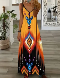 Women's Maxi Dress Casual Dress A Line Dress Slip Dress Bohemia Vacation Vintage Vacation Daily Regular Fit Geometric Sleeveless V Neck Summer Women Sundresses