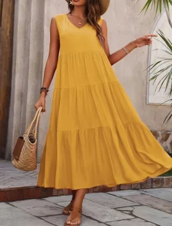 Online Women's Maxi Dress Casual Dress Swing Dress A Line Dress Stylish Basic Casual Vacation Daily Regular Fit Plain Sleeveless V Neck Black Yellow Red Fuchsia Summer Spring Women Vacation Dresses