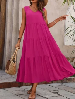 Online Women's Maxi Dress Casual Dress Swing Dress A Line Dress Stylish Basic Casual Vacation Daily Regular Fit Plain Sleeveless V Neck Black Yellow Red Fuchsia Summer Spring Women Vacation Dresses