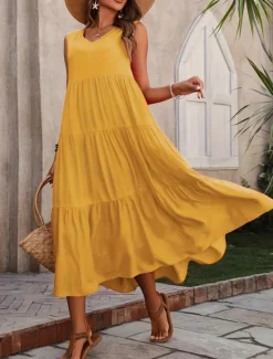 Online Women's Maxi Dress Casual Dress Swing Dress A Line Dress Stylish Basic Casual Vacation Daily Regular Fit Plain Sleeveless V Neck Black Yellow Red Fuchsia Summer Spring Women Vacation Dresses