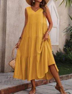 Online Women's Maxi Dress Casual Dress Swing Dress A Line Dress Stylish Basic Casual Vacation Daily Regular Fit Plain Sleeveless V Neck Black Yellow Red Fuchsia Summer Spring Women Vacation Dresses