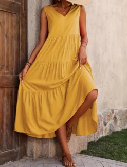Online Women's Maxi Dress Casual Dress Swing Dress A Line Dress Stylish Basic Casual Vacation Daily Regular Fit Plain Sleeveless V Neck Black Yellow Red Fuchsia Summer Spring Women Vacation Dresses