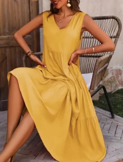 Online Women's Maxi Dress Casual Dress Swing Dress A Line Dress Stylish Basic Casual Vacation Daily Regular Fit Plain Sleeveless V Neck Black Yellow Red Fuchsia Summer Spring Women Vacation Dresses