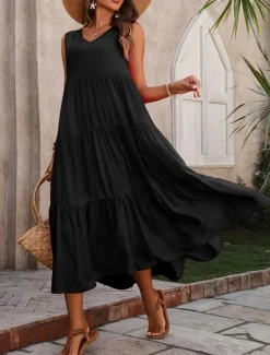 Online Women's Maxi Dress Casual Dress Swing Dress A Line Dress Stylish Basic Casual Vacation Daily Regular Fit Plain Sleeveless V Neck Black Yellow Red Fuchsia Summer Spring Women Vacation Dresses