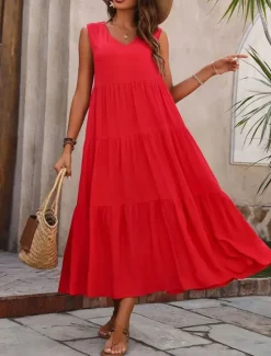Online Women's Maxi Dress Casual Dress Swing Dress A Line Dress Stylish Basic Casual Vacation Daily Regular Fit Plain Sleeveless V Neck Black Yellow Red Fuchsia Summer Spring Women Vacation Dresses