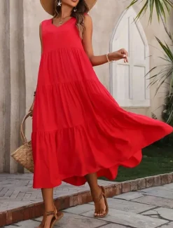 Online Women's Maxi Dress Casual Dress Swing Dress A Line Dress Stylish Basic Casual Vacation Daily Regular Fit Plain Sleeveless V Neck Black Yellow Red Fuchsia Summer Spring Women Vacation Dresses