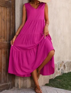 Online Women's Maxi Dress Casual Dress Swing Dress A Line Dress Stylish Basic Casual Vacation Daily Regular Fit Plain Sleeveless V Neck Black Yellow Red Fuchsia Summer Spring Women Vacation Dresses