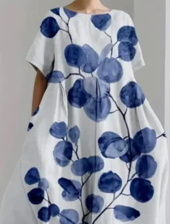 New Women's Maxi Dress Casual Dress Casual Vacation Loose Fit Graphic Linen Like Leaf 3/4 Length Sleeve Crew Neck Spring Fall Winter Women Vacation Dresses|Spring Dresses