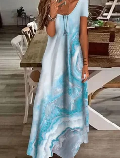 Hot Women's Maxi Dress Casual Dress Shift Dress Elegant Vacation Casual Outdoor Vacation Daily Regular Fit Color Gradient Marble Short Sleeve V Neck Blue Light Blue Summer Spring Women T Shirt Dresses