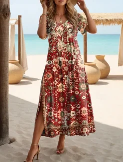 Online Women's Maxi Dress Casual Dress T Shirt Dress Tee Dress Sundress Shift Dress Bohemia Party Holiday Beach Loose Fit Floral Vintage Bohemian Short Sleeve Crew Neck Maroon Aqua Blue Summer Spring Women T Shirt Dresses