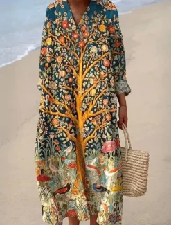 Clearance Women's Maxi Dress Casual Dress Stylish Casual Vacation Daily Regular Fit Floral Long Sleeve V Neck Navy Blue Blue Orange Brown Summer Women Floral Dresses