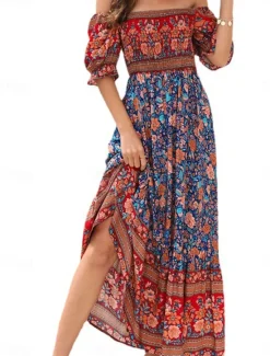 Outlet Women's Maxi Dress Casual Dress Boho Chic Dresses Boho Dress Bohemia Cute Stylish Vacation Daily Beach Loose Fit Graphic Short Sleeve Off Shoulder Red Blue Green Summer Spring Fall Women Floral Dresses
