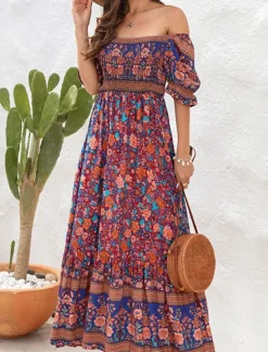 Outlet Women's Maxi Dress Casual Dress Boho Chic Dresses Boho Dress Bohemia Cute Stylish Vacation Daily Beach Loose Fit Graphic Short Sleeve Off Shoulder Red Blue Green Summer Spring Fall Women Floral Dresses