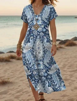 Clearance Women's Maxi Dress Casual Dress A Line Dress Stylish Casual Vacation Daily Regular Fit Floral Short Sleeve V Neck Red Blue Orange Green Summer Spring Women T Shirt Dresses