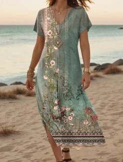 Clearance Women's Maxi Dress Casual Dress A Line Dress Stylish Casual Vacation Daily Regular Fit Floral Short Sleeve V Neck Red Blue Orange Green Summer Spring Women T Shirt Dresses