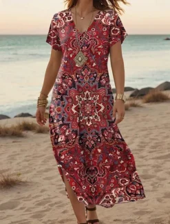 Clearance Women's Maxi Dress Casual Dress A Line Dress Stylish Casual Vacation Daily Regular Fit Floral Short Sleeve V Neck Red Blue Orange Green Summer Spring Women T Shirt Dresses