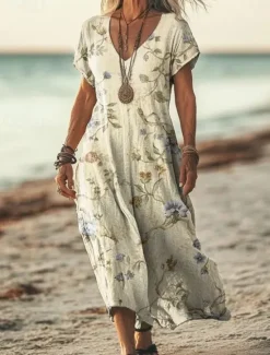 Outlet Women's Maxi Dress Casual Dress A Line Dress Bohemia Vacation Vintage Vacation Daily Regular Fit Floral Short Sleeve V Neck Yellow Purple Beige Summer Spring Women T Shirt Dresses