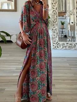 Online Women's Maxi Dress Casual Dress Swing Dress A Line Dress Boho Dress Casual Daily Regular Fit Floral Half Sleeve V Neck Summer Spring Fall Women Floral Dresses