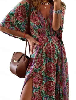 Online Women's Maxi Dress Casual Dress Swing Dress A Line Dress Boho Dress Casual Daily Regular Fit Floral Half Sleeve V Neck Summer Spring Fall Women Floral Dresses