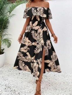 Sale Women's Maxi Dress Casual Dress A Line Dress Stylish Casual Vacation Daily Regular Fit Leaf Short Sleeve Off Shoulder Summer Women Vacation Dresses