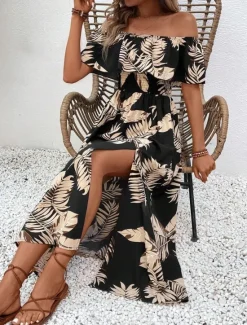 Sale Women's Maxi Dress Casual Dress A Line Dress Stylish Casual Vacation Daily Regular Fit Leaf Short Sleeve Off Shoulder Summer Women Vacation Dresses