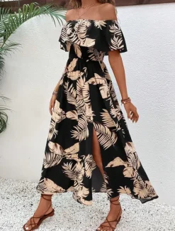 Sale Women's Maxi Dress Casual Dress A Line Dress Stylish Casual Vacation Daily Regular Fit Leaf Short Sleeve Off Shoulder Summer Women Vacation Dresses